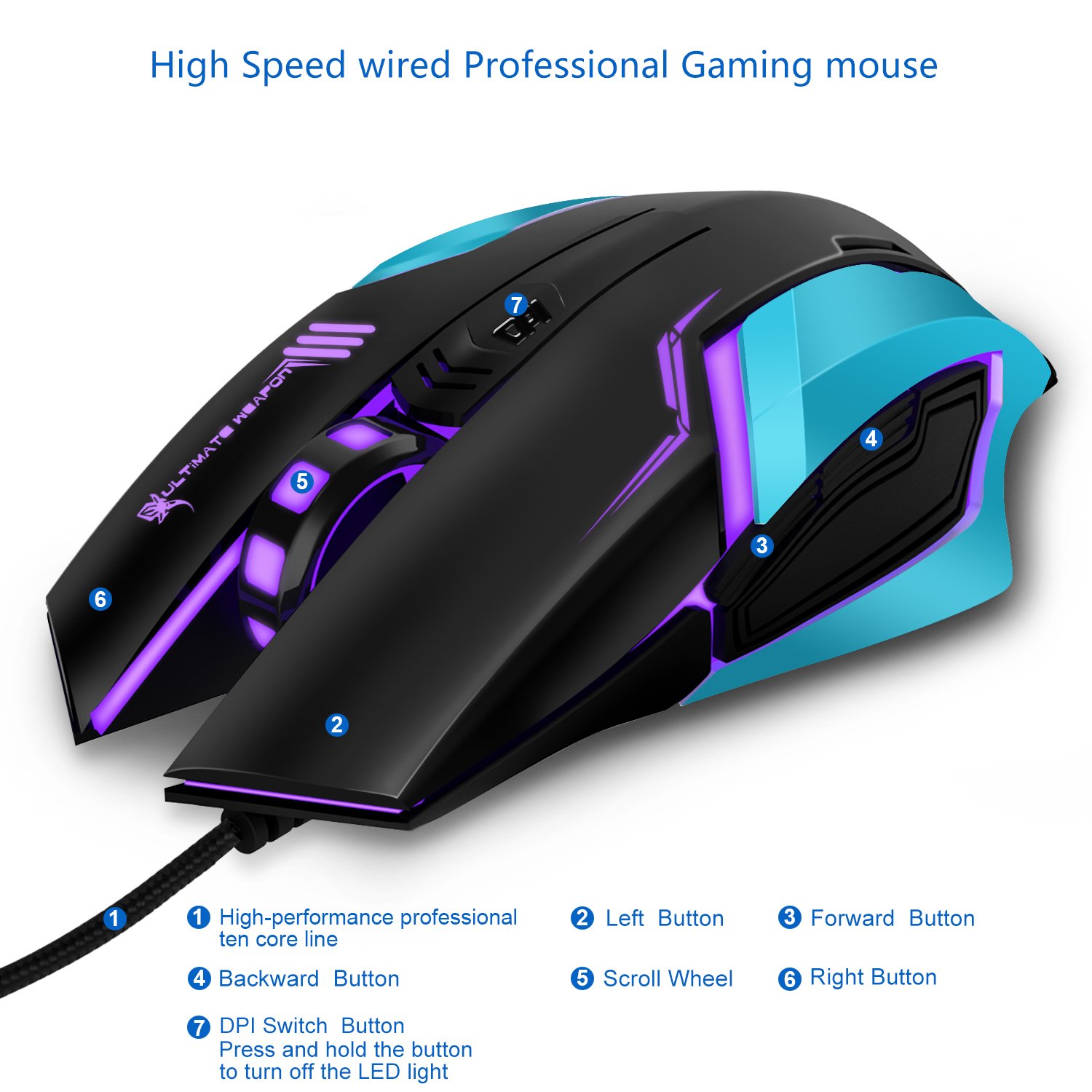 Gaming Mouse, LDesign 3200DPI Wired Gamer Mice ACC Optical Ergonomic with 4 Adjustable DPI Switch, 7-Color Breathing Light, High Accuracy Computer Mice Plug and Play (grey/silver)