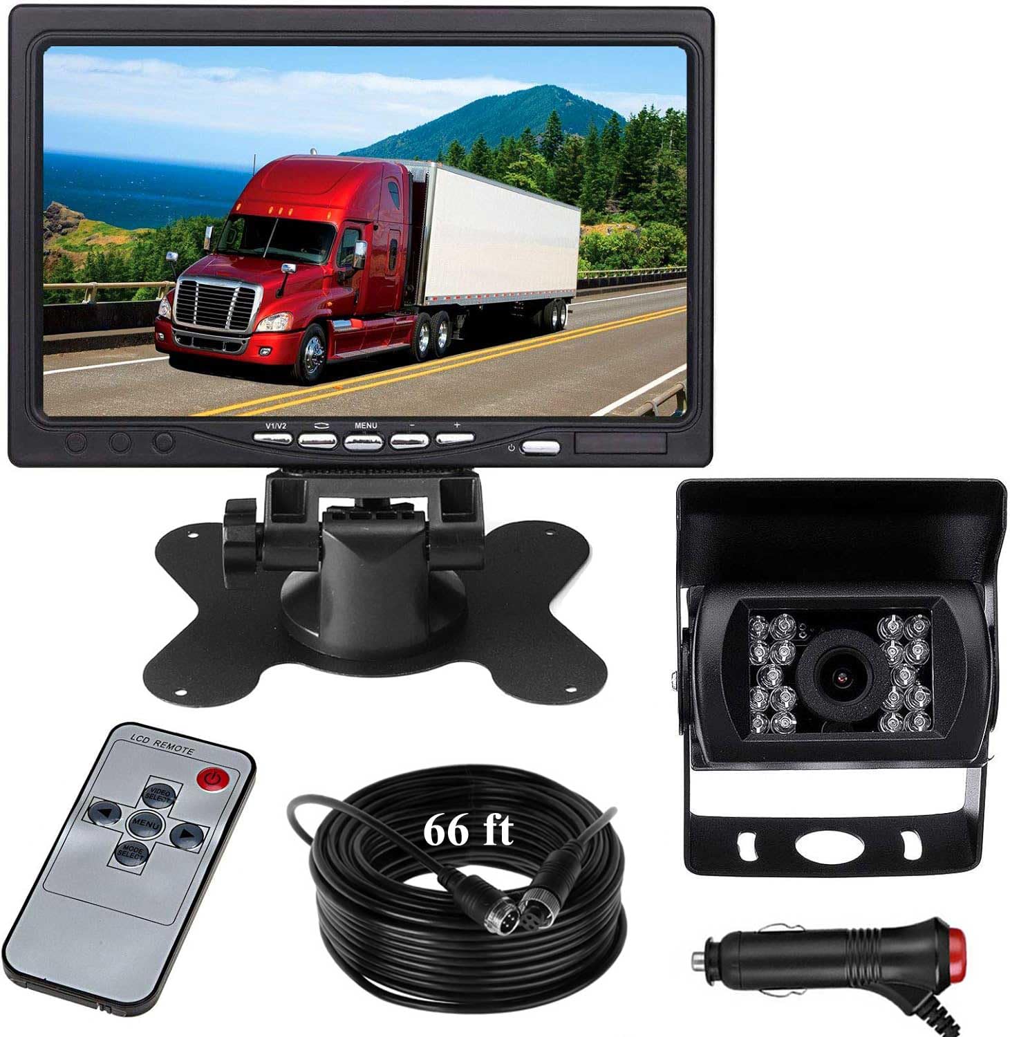 12V-24V Vehicle Backup Camera System 7" LCD HD Color Car Monitor Waterproof 18LEDs Night Vision Reversing Reverse Rear View Camera for RV Truck Van Trailer Bus