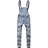 WDIRARA Men's Ripped Distressed Skinny Denim Overalls Dungarees Jeans Jumpsuits with Pocket