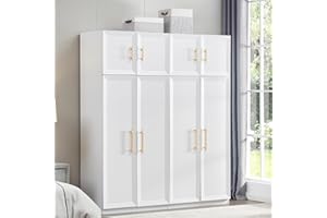 TrendTerrace 4 Door Armoire Wardrobe Closet Storage, White Closet Armoire Dresser for Bedroom with High Storage Capacity, Wooden Armoire Storage Cabinet with Hanging Rod 63" L x 20.3" W x 72" H