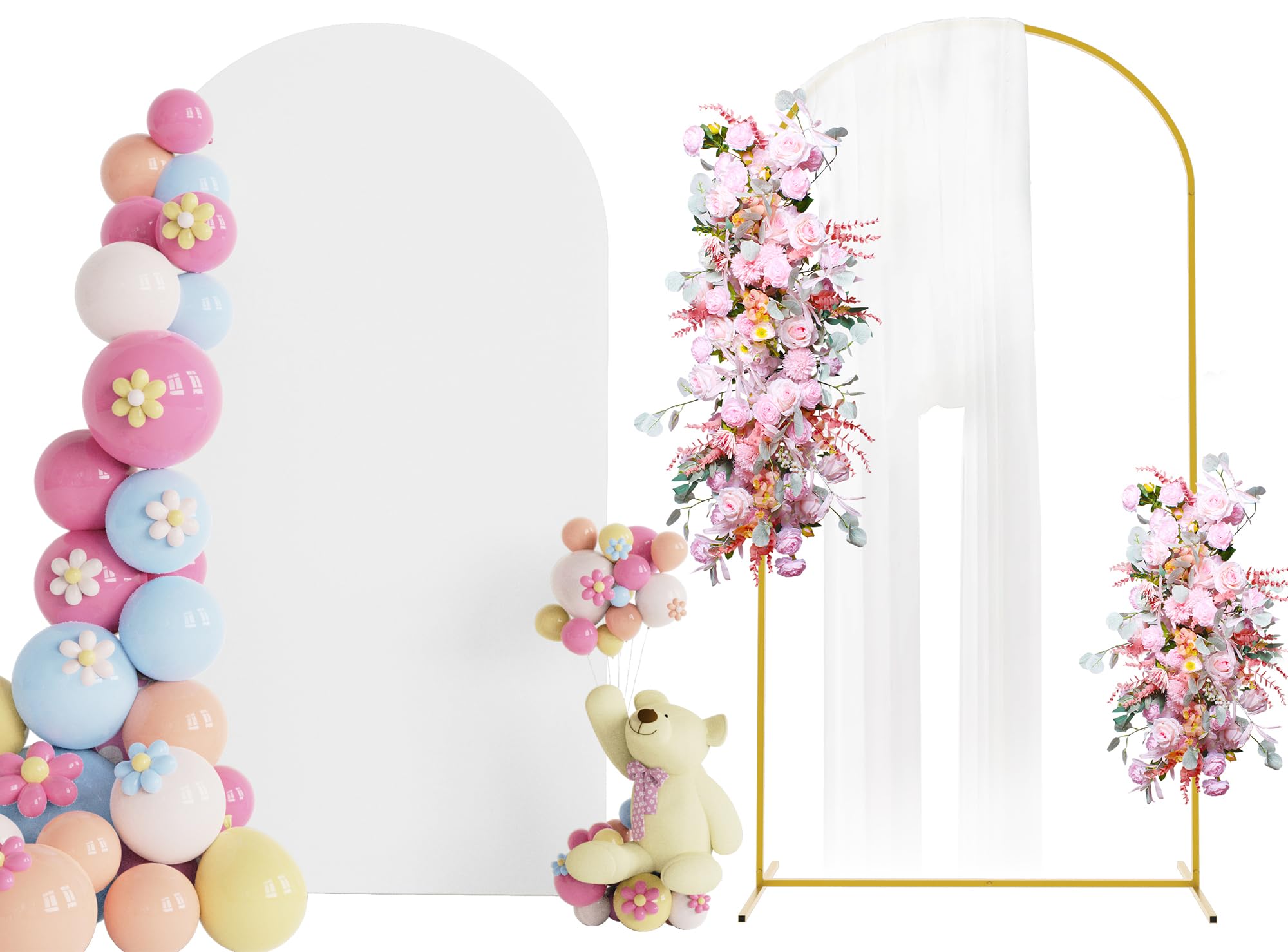 Photo 1 of Putros 7.2ft Metal Arch Stand with Cover White Spandex Fitted Wedding Arch Cover and Round Top Chiara Backdrop Stand Set for Birthday Party Baby Shower Decoration