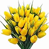 FOUSUKA Artificial Tulips Fake Flowers Outdoor UV Resistant 4 Bundles 40 Heads Silk Tulip Faux Plastic Greenery Plants Flower for Home Outside Garden Porch Window Planters Decor (Yellow)