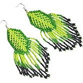 Native American Tribal Long Beaded Statement Earrings Handmade, Long Beaded Tassel Earrings Bohemian Fringe Drop Handmade Seed Bead Statement Earring