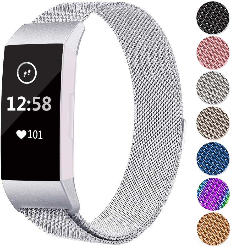 Lukasa Replacement Straps Compatible for Fitbit Charge 3 Adjustable Stainless Steel Bands Flexible Metal Mesh Wristbands Replacement Band with Magnets Locks Men Women Unisex