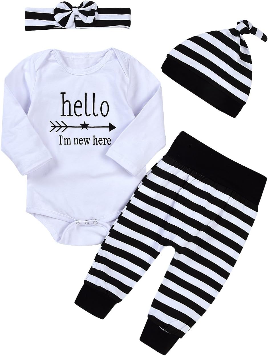 IWOKANewborn 4pcs Set Outfit Striped Hoodie with Romper Jumpsuit+ Striped Long Pants and Hat