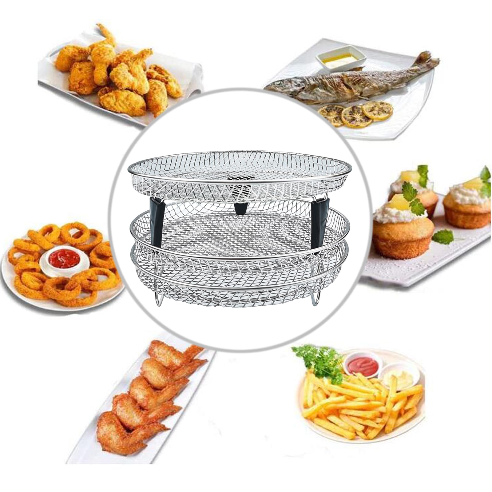 Upgrade Air Fryer Rack, Three Stackable Dehydrator Racks with spare clip and silicone feet,Stainless Steel Air Fryer Accessories Round Air Fryer Rack (Round)