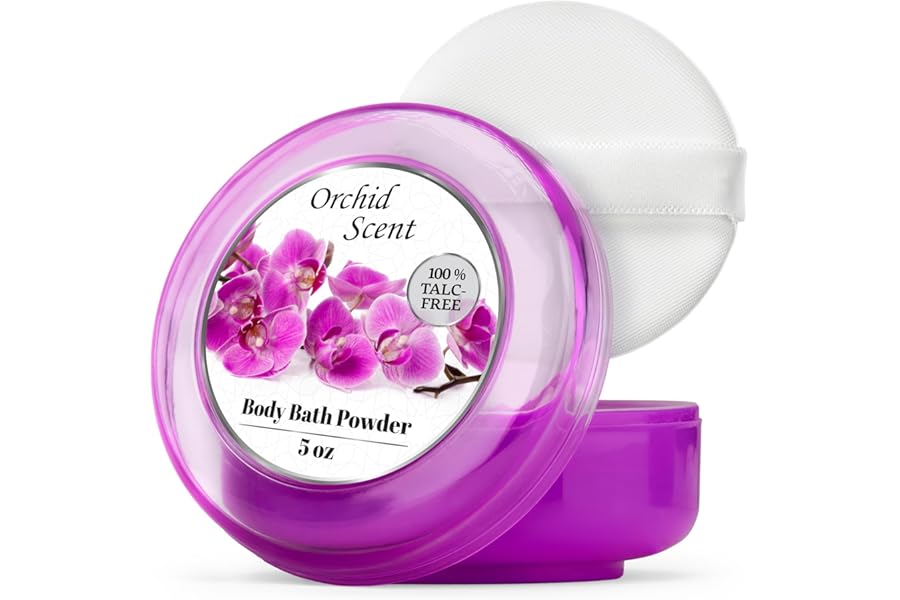 R-NEU Body Powder for Women with Powder Puff, 100% Talc-Free, Majestic Orchid Scented Dusting Powder, After Bath for Soft Skin, Extra Large, 1 Pack (5oz)