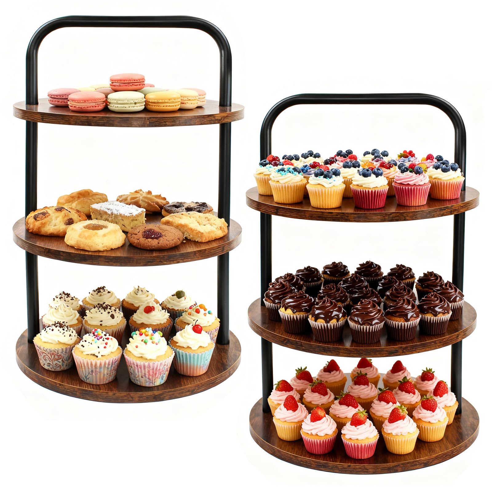 Photo 1 of 2PCS Wooden Cupcake Stand for 100 Cupcakes - 3-Tier Large Round Serving Tray with Cupcake Tower, Tiered Tray,Cake Tray, Desert Stand for Wedding, Party, Anniversary, Farmhouse Decor