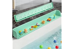 DULVUS Longer Splash Guard for Bathtub Kids, 2.6-Ft Silicone Bathtub Splash Guard for Tub Kids with 11 Strong Suction Cups, Play Shelf & Toy Holder Tray to Prevent Mess and Water Overflow from the Tub