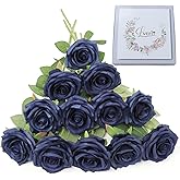 LVEFIT Artificial Rose Flower Navy Blue Flowers Navy Blue Roses Silk Flowers 12 pcs with Long Stem Silk Roses Bouquet for Wedding Bridal Shower Party Home Decoration