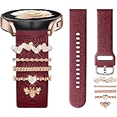 DaQin Flower Engraved Band Compatible with Samsung Galaxy Watch 7 Band/FE 6 5 4 40mm 44mm,Galaxy Active 2, 20mm Watch Band Soft Silicone Replacement Strap with Decorative Charms Accessories Women