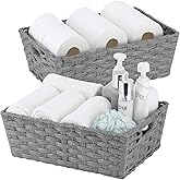 Onlytak Large Wicker Storage Basket, Metal Frame, Set of 2, Washable Waterproof, 15" x 10.3" x 5.2", Grey Color, Woven Basket for Pantry, Toilet, Bathroom, Bedroom, Patio