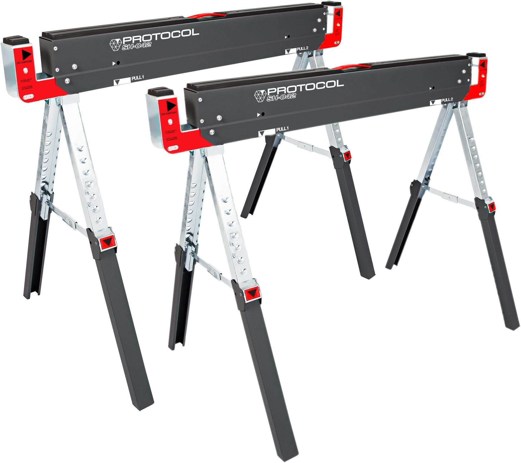 PROTOCOL Equipment Adjustable Height Work Table Folding Sawhorses, Set of Two, Durable Steel Construction, Folding Legs, 2x4 Table Support Arms, 2,600 lb. Combined Loading Capacity