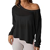 Hilinker Women's Sheer Off The Shoulder Tops Mesh Workout Sexy Long Sleeve T Shirt