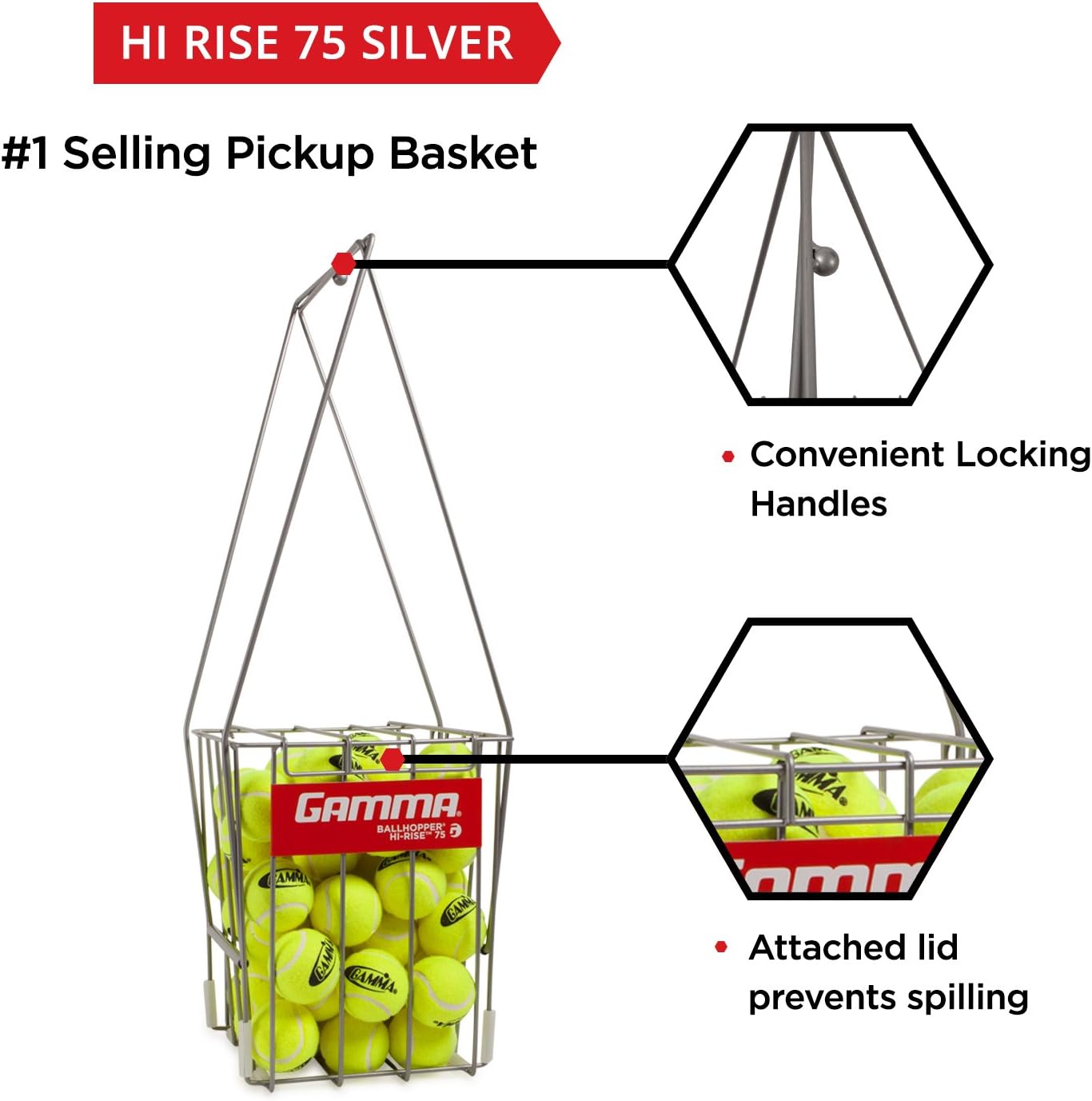 GAMMA Tennis Ball Hopper Hi-Rise 75| Silver Tennis Ball Holder W/ 75 Ball Capacity| Easy Pick Up- Fingertip Height Basket| Lid For Spill Prevention| Premium Tennis Accessories, Carriers & Ball Pick-ups : Tennis Ball Hoppers : Sports & Outdoors