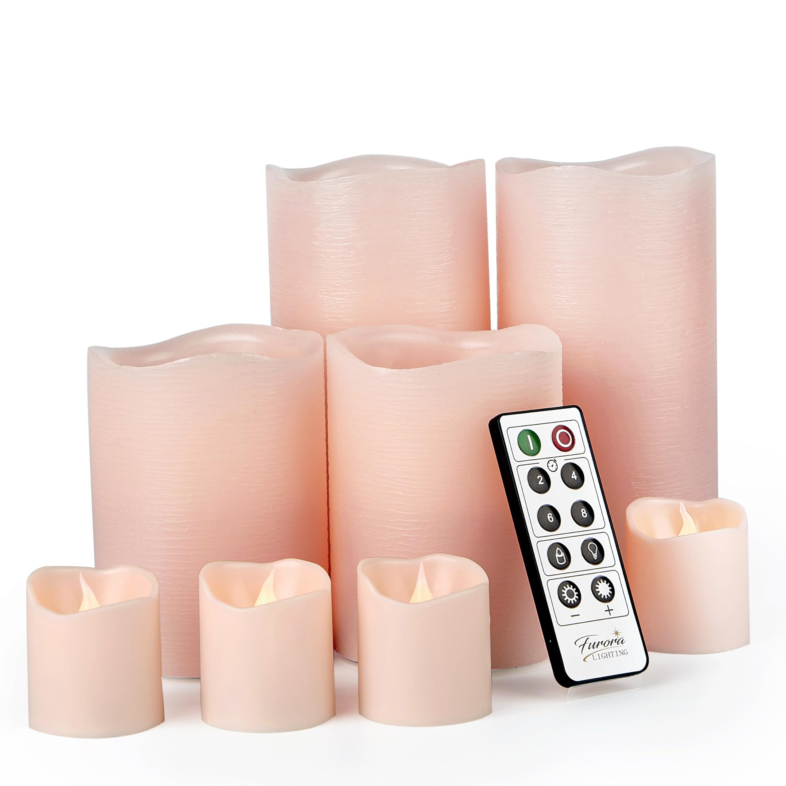 FURORA Lighting Pink Real Wax Flameless Candles with Remote and Timer, 4 Pillars and 4 Votives Pack of 8, LED Flickering Candles for Home Décor, Battery Included