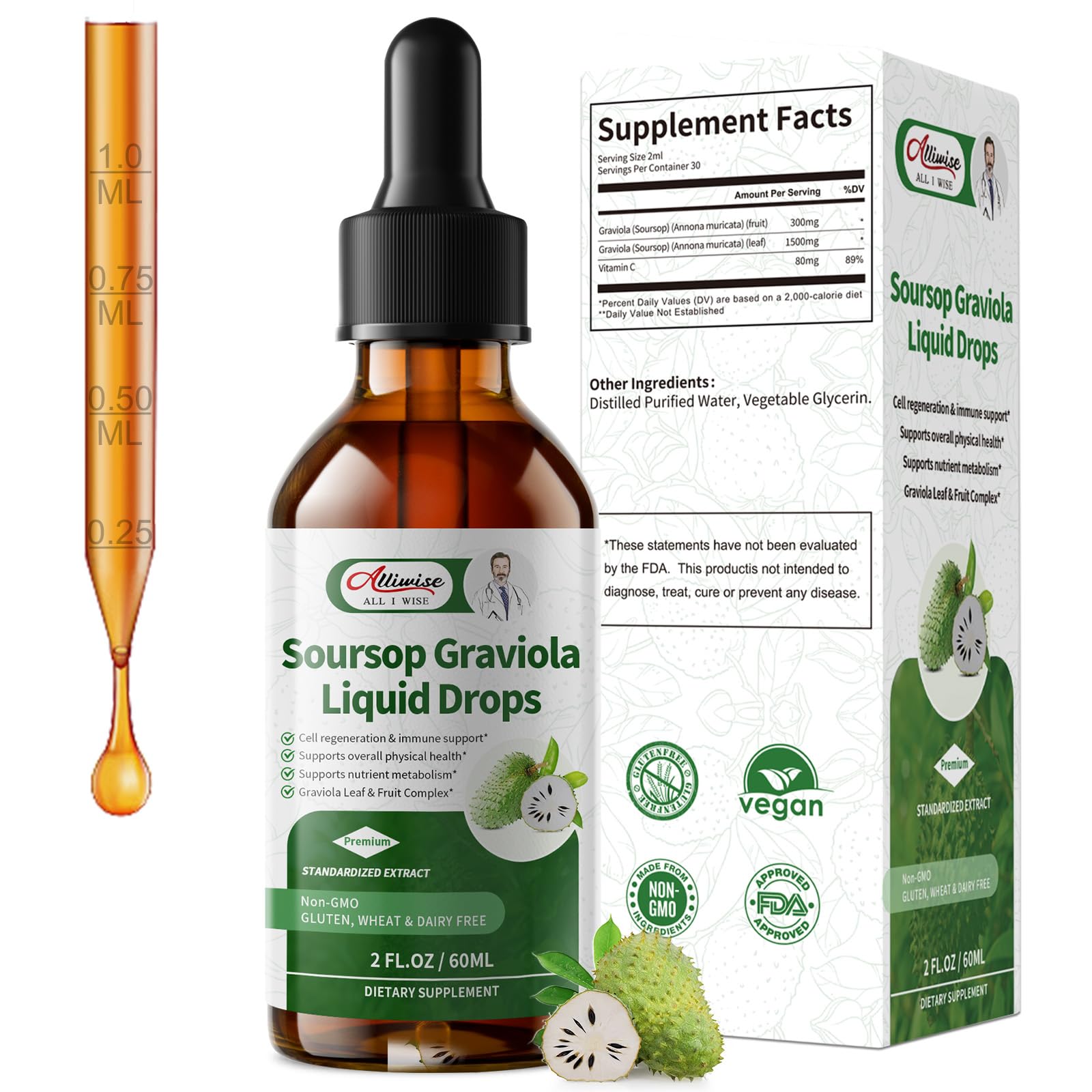 Photo 1 of Alliwise Soursop Graviola Liquid Drop, High Absorption Form Soursop Leaves & Fruit Complex, for Cell Regeneration & Immune Support & Digestive Bitters - Vegan Sour SOP Bitters Liquid - 2 Fl oz