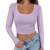 Buauty Women's Long Sleeve Square Neck Crop Tops, Ribbed Knit Slim Fitted Casual Basic Y2K Crop Top Tee Blouse Retro