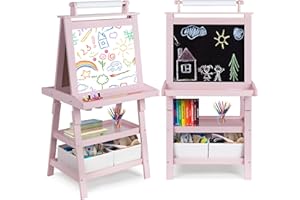 TODEFULL Art Easel for Kids, 3 in 1 Wooden Toddler Easel w/Magnetic Whiteboard, Chalkboard & Paper Roll, Standing Painting Easel with Shelves & 2 Storage Bins, for Boys Girls, Pink