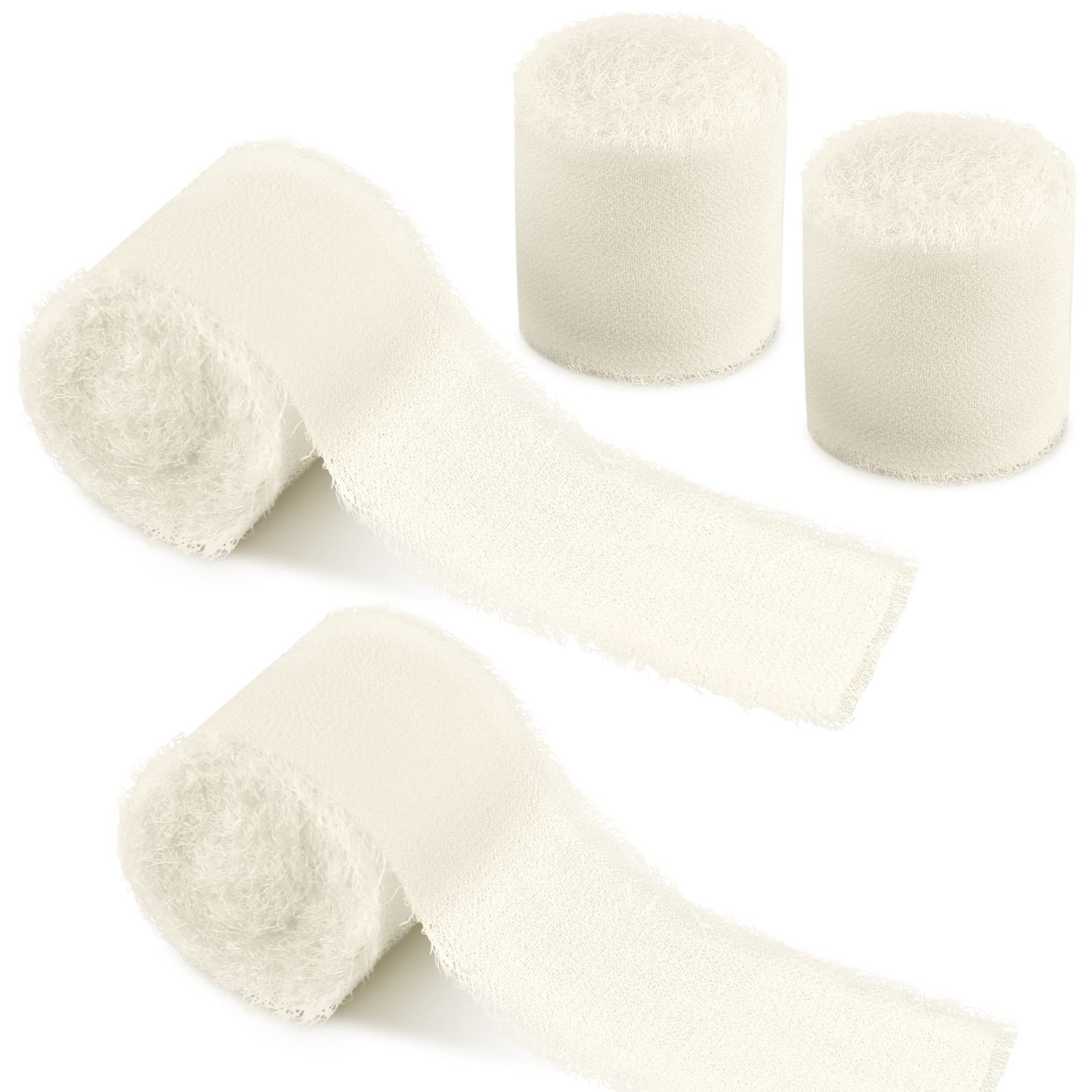 MIAHART 4 Rolls Chiffon Silk Fringe Chiffon Ribbon White Frayed Ribbon for Baby Shower Wedding Bridal Bouquets