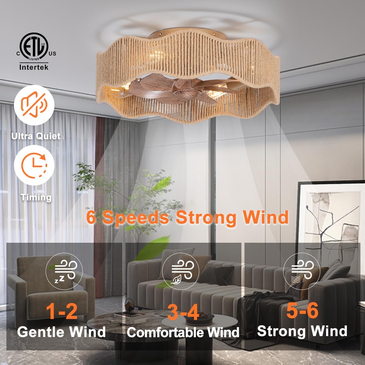 Image showing the SHLUCE ceiling fan in a living room setting, highlighting its ultra-quiet operation, timing function, and 6 speeds for strong wind.