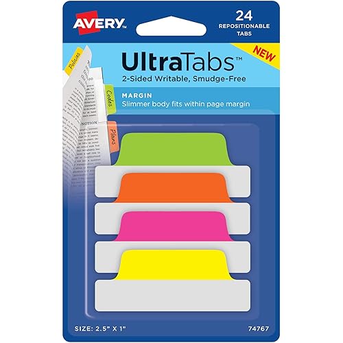 Avery Margin Ultra Tabs, 2.5" x 1", 2-Side Writable, Neon Colors, 24 Repositionable Tabs, 72 Packs (74767)