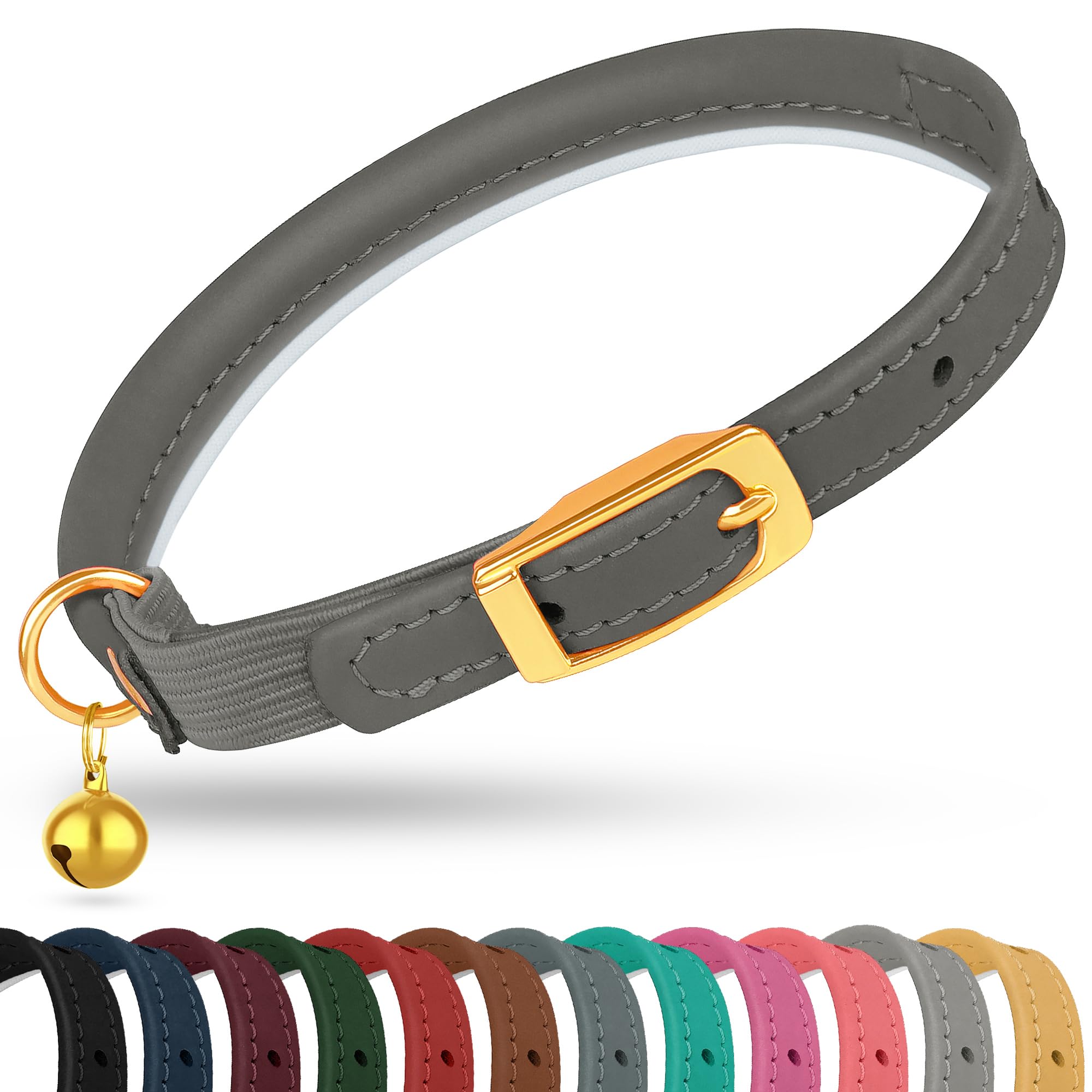 OOPSDOGGY Rolled Leather Cat Collar with Bell - Reflective Kitten Collar with Safety Elastic Strap - Adjustable Small Pet Collars for Boy Girl Cats (Graphite)