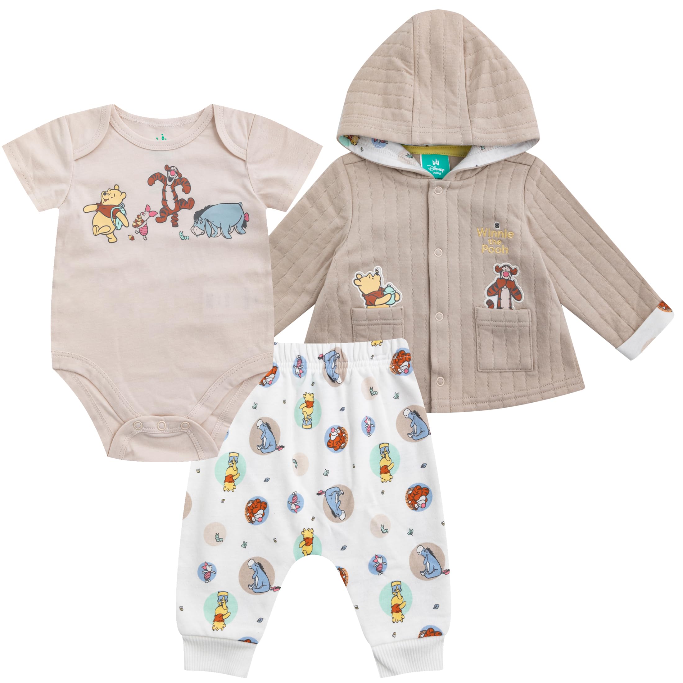 Photo 1 of Disney Winnie the Pooh Baby Boys Pants Set with Bodysuit and Hooded Snap Quilted Jacket 3 Pack Set for Infant 6-9m