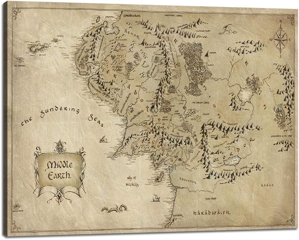 Lord of The Rings Map Wall Art Decor The Hobbit Map Canvas Painting Map of Middle Earth Posters Movie Pictures Prints Vintage Home Decorations for Living Room Office Framed Easy to Hang (18" Wx24 H)