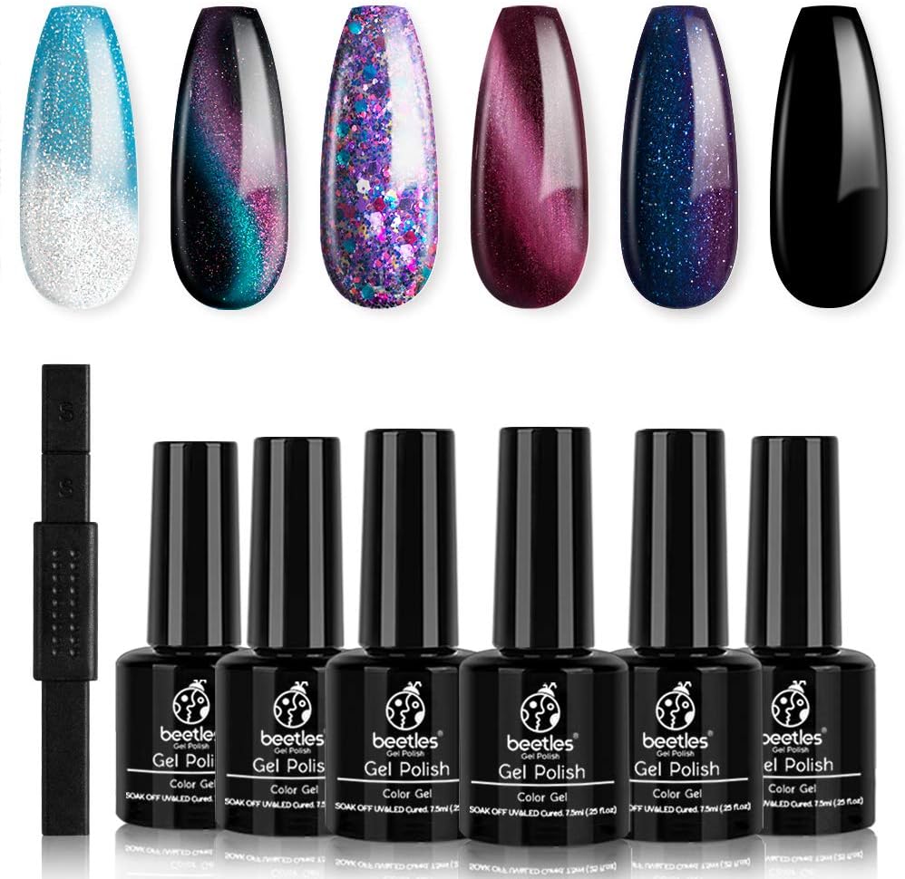 Beetles Milky Way Glitter Gel Nail Polish Set - 6 Colors Collection Black Gel Polish Kit Soak Off Nail Lamp Cat Eyes Magnet Color Changing Glitter Gel Phantom Chameleon Nail Kit Gift Box 7.5 ml Bottle