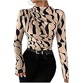 RoseSeek Women's Geometric Graphic Tops Mock Neck Long Sleeve T Shirts Fitted Fall Tops