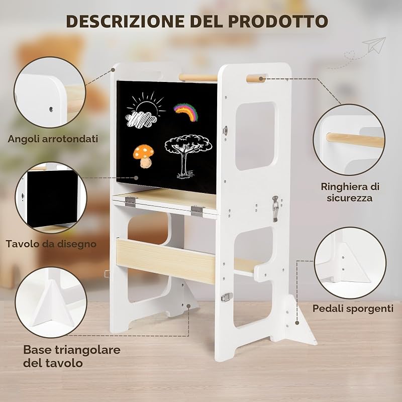 Montessori Torre per bambini, 3 in 1 Torre di Apprendimento Pieghevole, Multifunzionale Torre didattica con lavagna, Legno protezione antiribaltamento torretta da 1 anno bambini-bianco e legno