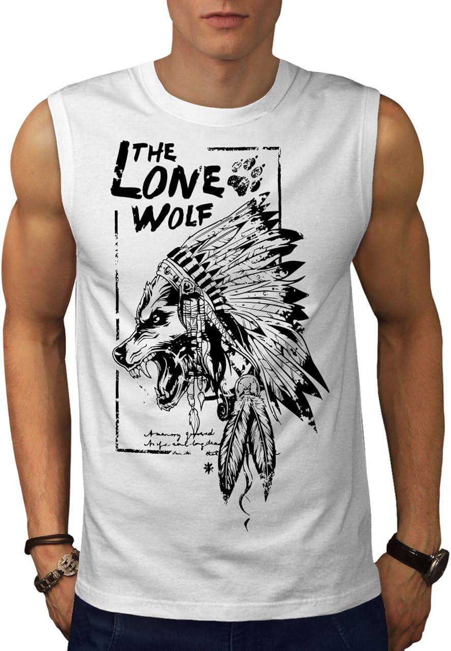 Wellcoda The Lone Wolf Indian Mens Sleevless TShirt, Wild Pack Sports