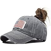 INOGIH Women American Flag Ponytail Hat Embroidery Washed-Cotton Messy Bun Baseball-Cap Adjustable