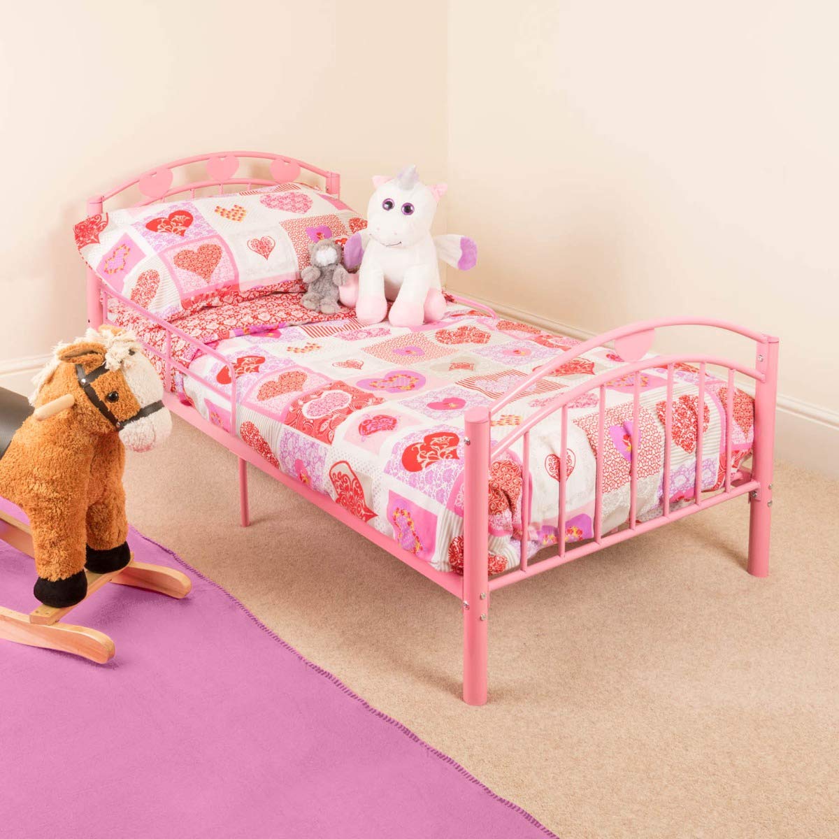 Christow Pink Toddler Metal Bed Frame Kids Bedroom Furniture Childrens Bedframe Hearts