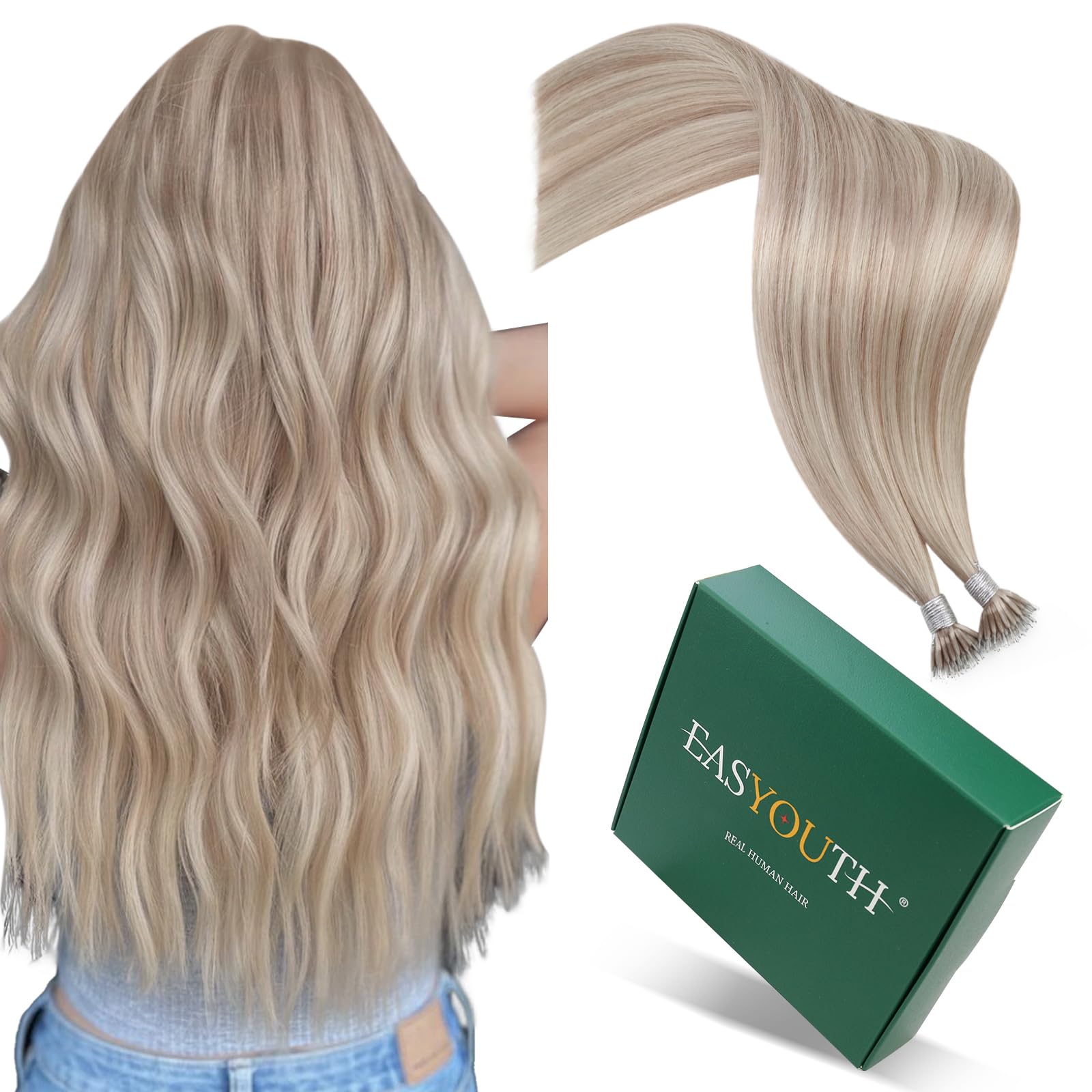 Easyouth Nano Hair Extensions Human Hair Blonde Highlight Nano Ring Hair Extenions Real Human Hair Highlight Ash Blonde Mixed Bleach Blonde Human Hair Extensions Nano Natural Remy 16 Inch 50g/50s