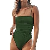KRLAGAPAS Women's Sexy Ruched Bandeau One Piece Swimsuit Bathing Suit Slimming Swimwear, Super Cheeky Coverage, High Leg Cut