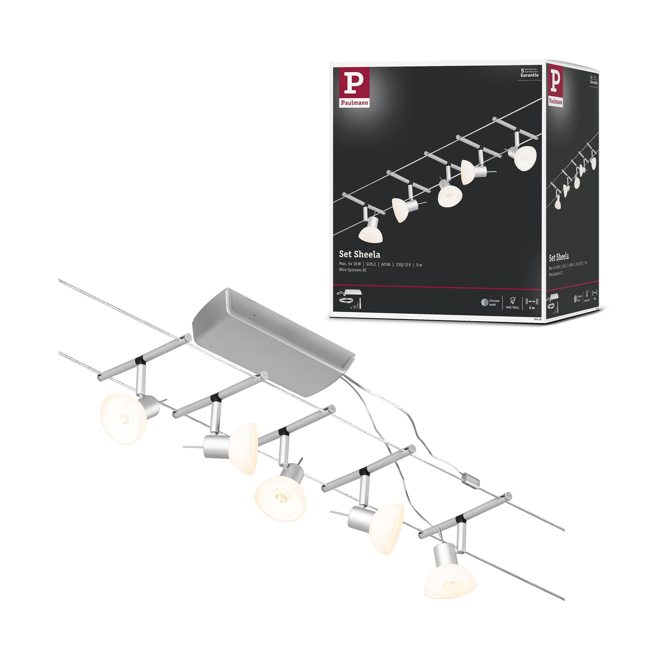 Paulmann 94448 CorDuo Cable System – Lighting Set Sheela DC, Max 5 x 10 Watt Extendable Wire Cable Matt Chrome Plastic GU5.3 Wire Cable System Without Bulbs