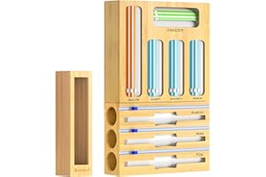 GEYILO 9 IN 1 Plastic Wrap Dispenser with Cutter, Kitchen Organizers and Storage, Bamboo Bag Organizer for Kitchen Drawer, Compatible with Gallon, Quart, Sandwich & Snack - Variety Size Bags