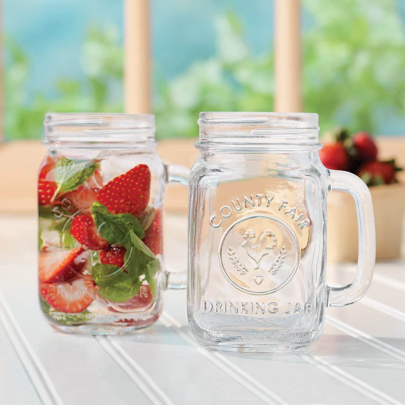PIQIUQIU Mason Jar Set of 2 Reusable Glasses with Lid with Handle 450 ml