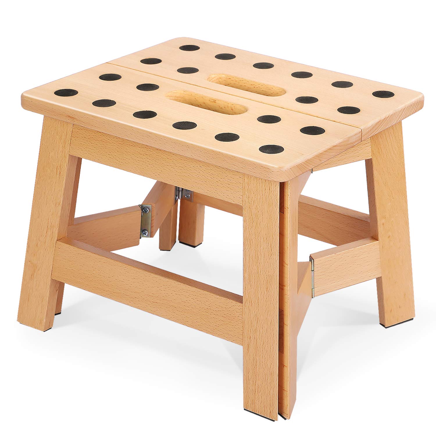 Jiodux Non-Slip Foldable Wooden Step Stool 8"(H) Kitchen Stepping Stools, Convenient Carrying Handles Suitable for Holds up to 300lbs, Folding Wooden Stool, Safer, Stronger, Greener-Patented product