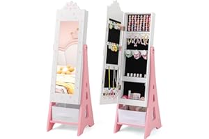 Costzon Kids Jewelry Armoire Cabinet, 43.5" Standing Jewelry Organizer with Full-Length Mirror, Storage Drawers, Kids Vanity Dress Up Mirror Jewelry Cabinet for Girls (White)