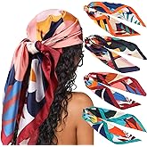 DRESHOW 35” Large Square Satin Head Scarf - 4Pcs Silk Accessories Classic Patterned Squares Beach Bandanas for Women
