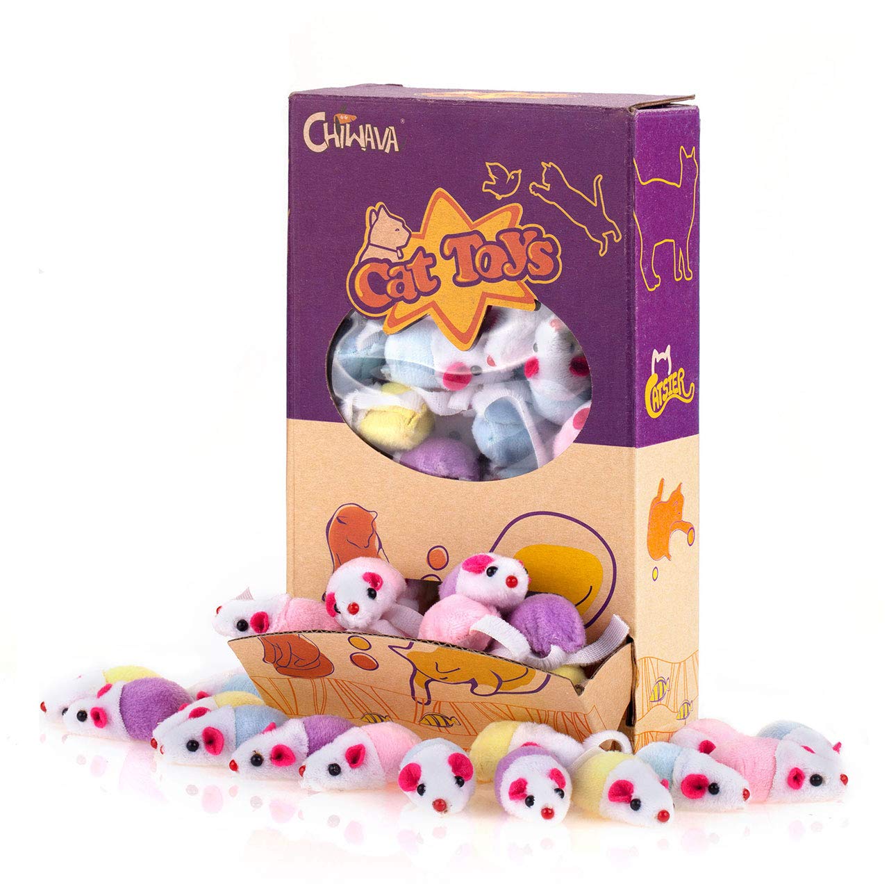 CHIWAVA 36PCS 4.5" Small Rattle Cat Toys Mice Cute Double Color Mouse Kitten Interactive Play Assorted Color