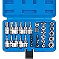 CASOMAN 34 Pieces 3/8-Inch Drive Torx Bit Socket and E-Torx (Star) Socket Set, Cr-V E Socket Set E4-20, S2 Torx Bit Socket Set T10-60, Tamper Proof Torx Bit Set TT10-TT55, 5/16"F to 3/8"M adapter