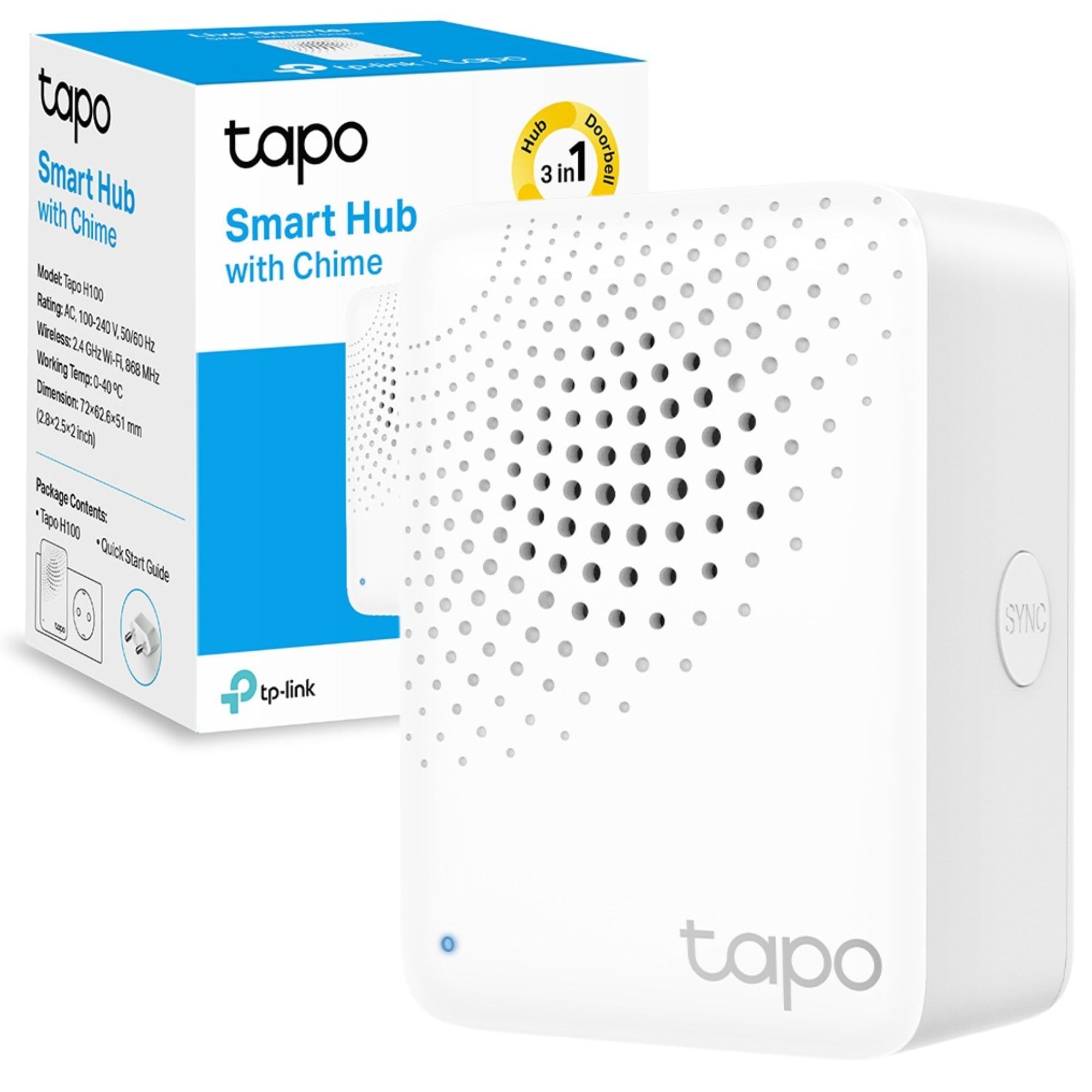 Tapo H100 Smart Hub with Chime, Works with Tapo Doorbell Camera, Smart Switch, Button and Sensor,Whole-Home Coverage,Connect Up to 64 Devices,19 Ringtones,Energy-Efficient, Quick and Easy Setup