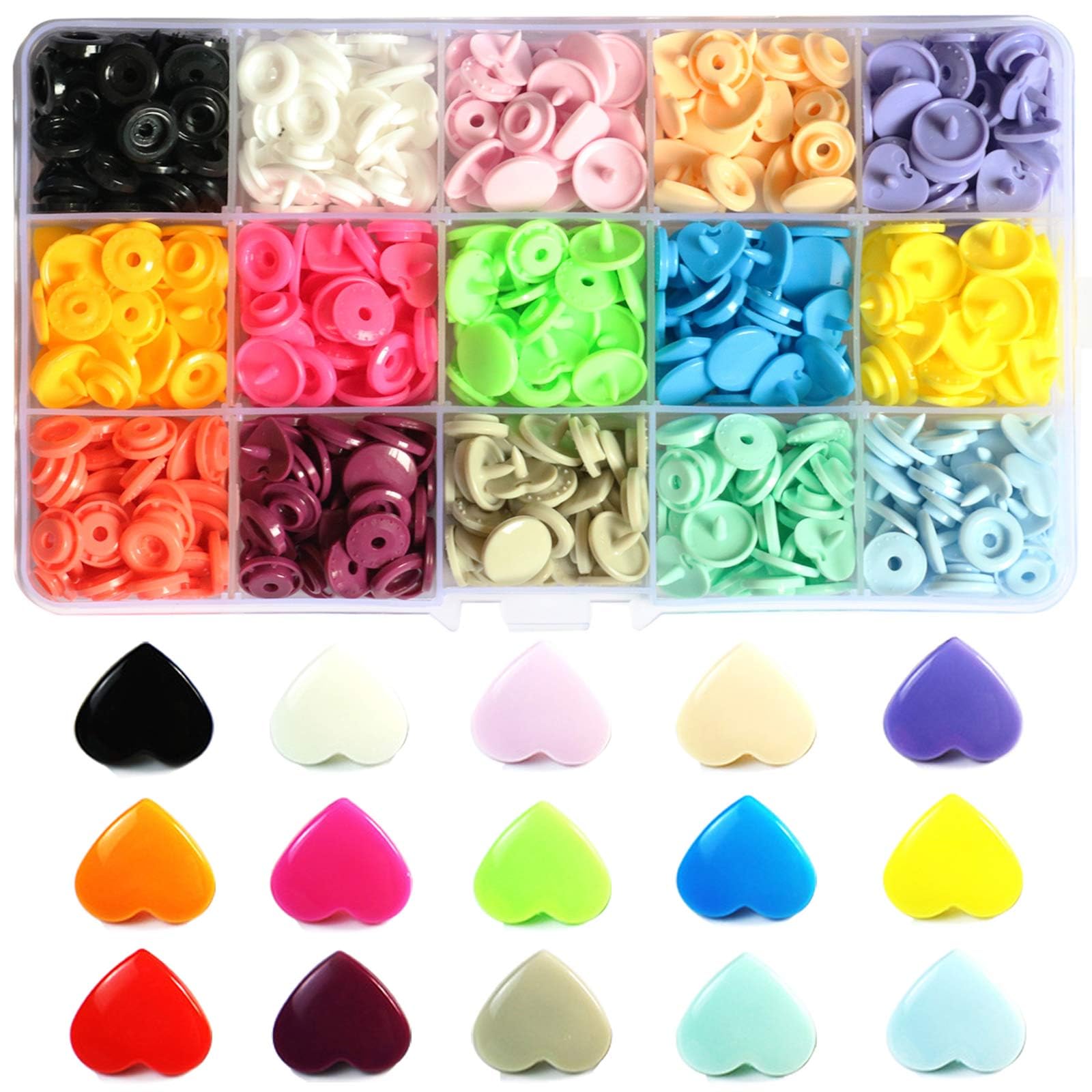 150 Sets KAM Snaps Heart Shaped with Storage Box, Basicon Size 20 Plastic Resin Snaps Buttons for Baby Bib Cloth Diaper (15 Colors)