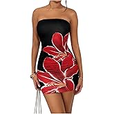 OYOANGLE Women's Floral Print Bodycon Tube Mini Dress Backless Slim Fit Strapless Bandeau Short Dresses Black and Red Large