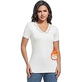 MANCYFIT Short Sleeve Thermal Shirts for Women Thermal Tops Lace V Neck Fleece Lined Tops for Women Base Layer