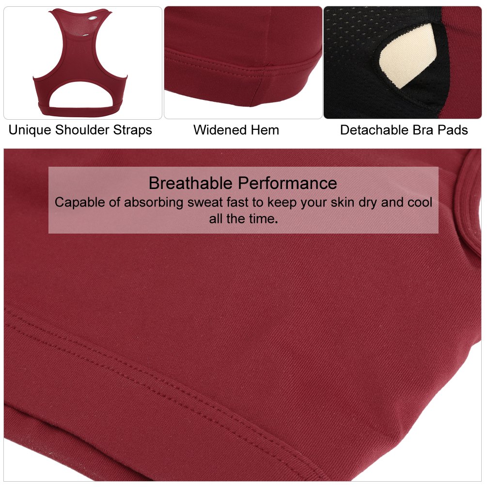 FITIBEST Women Wireless Sports Bra Padded Exercise Bra Wirefree Yoga Bra High Impact Workout Bra Breathable Fitness Racerback with Back Phone Pocket, Wine Red